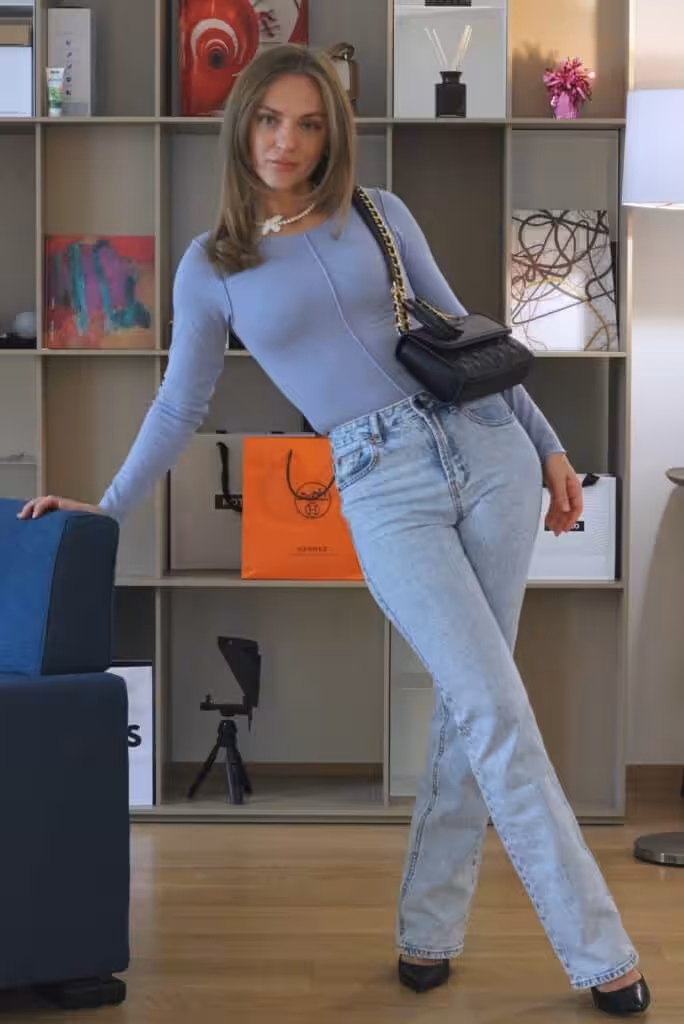 blue color outfit with white
