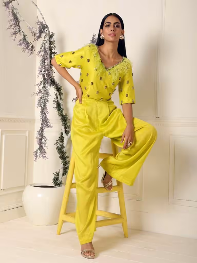 Lime Green Jumpsuit with Embroidery