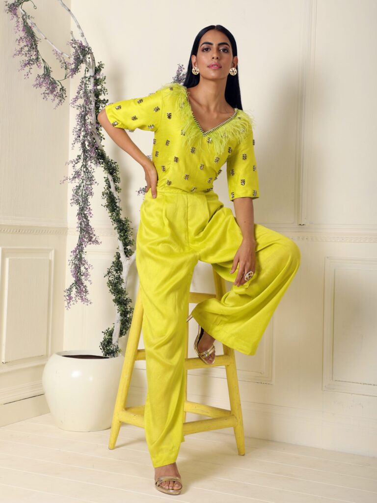 Lime Green Jumpsuit with Embroidery