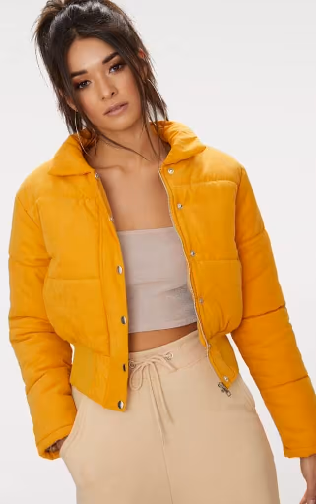 Mustard Peach Skin Cropped Puffer Jacket