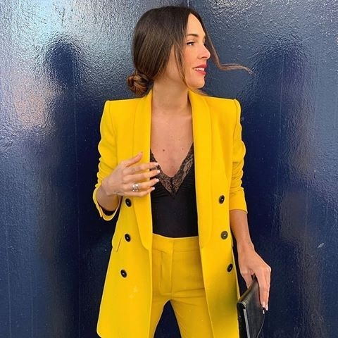 New yellow double breasted women long button down blazer suit autumn fall winter
