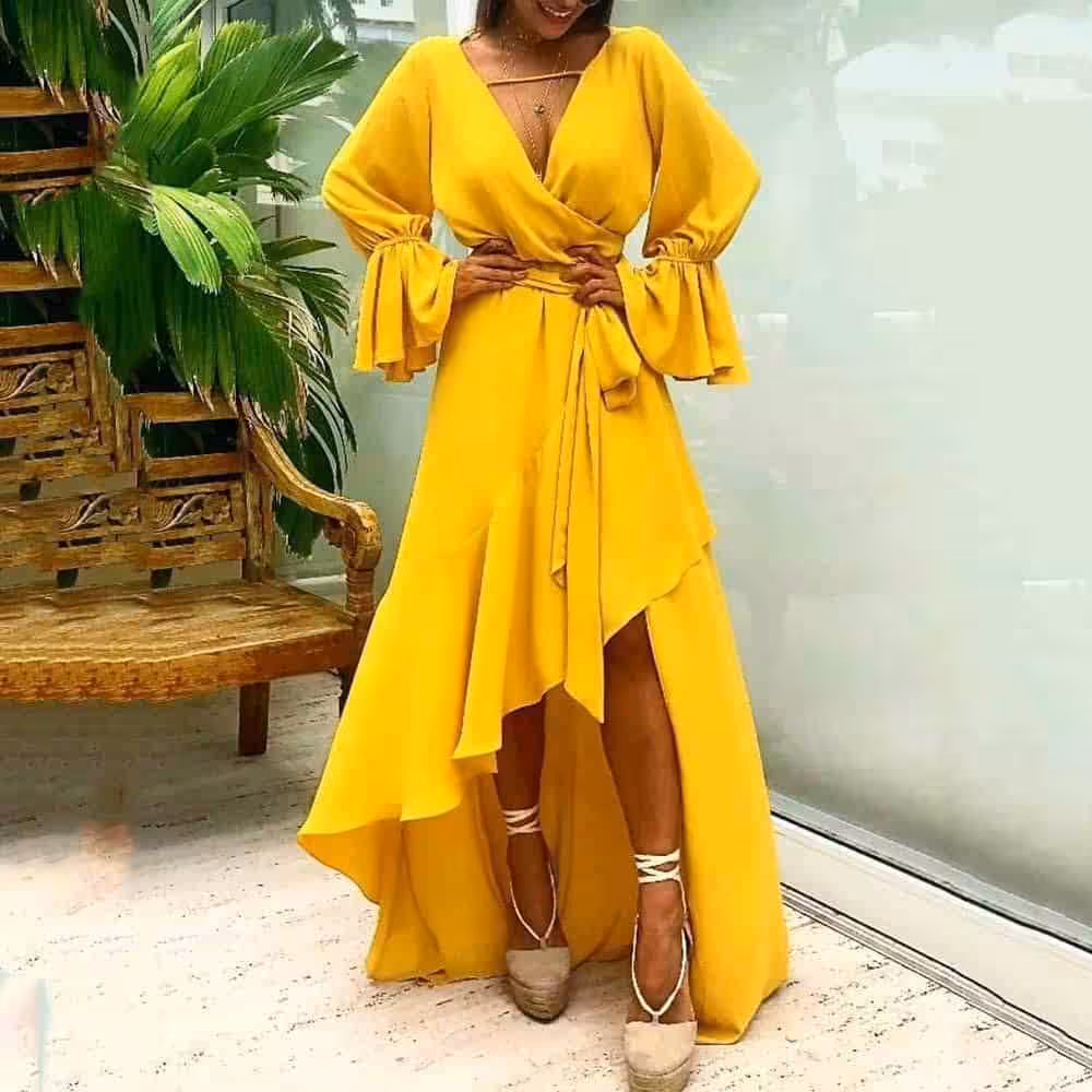 Yellow V Collar Flare Sleeve Irregular Maxi Vacation Dress