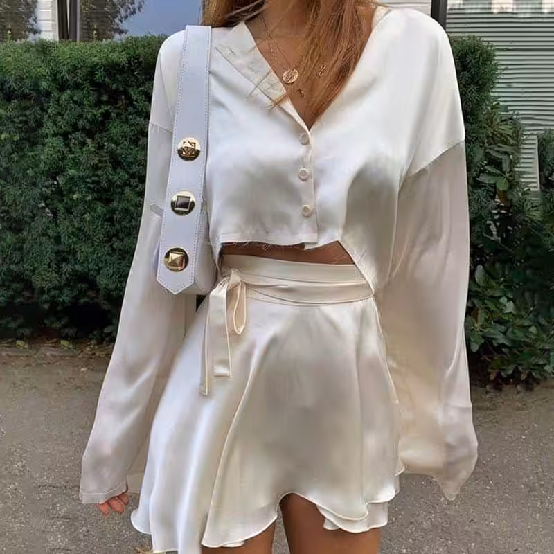 2 PCS Womens Dress Set For Women White O neck Button Top Bandage Mini Pencil Skirts Outfits Fashion Party Suit