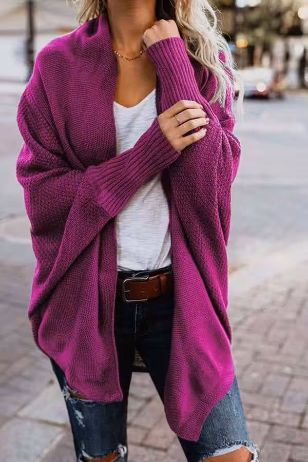 Fashion Bat Sleeve Knitted Cardigan Rose Red S