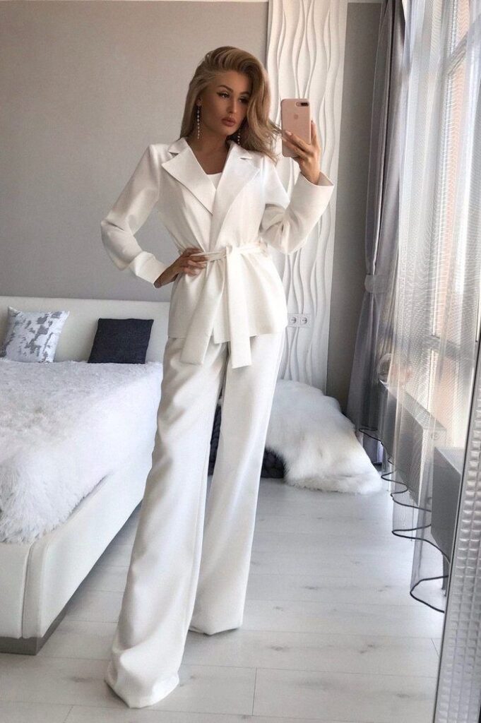White Belted Wide Leg Suit 3 Piece