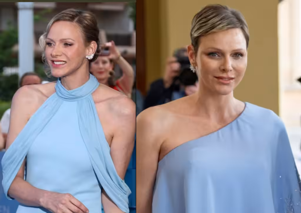Two women in elegant blue dresses